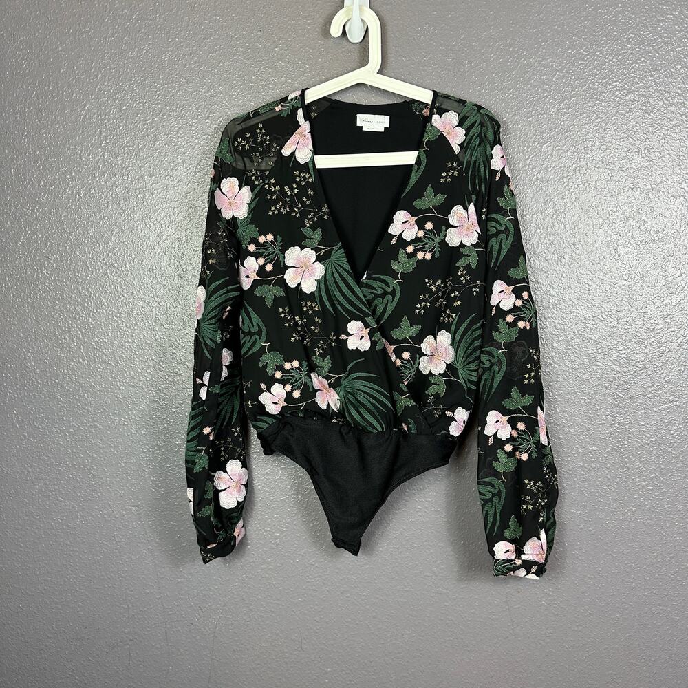 LOVERS & FRIENDS Laya Bodysuit 2XS Black Pink Green Embroidered Long Sleeve